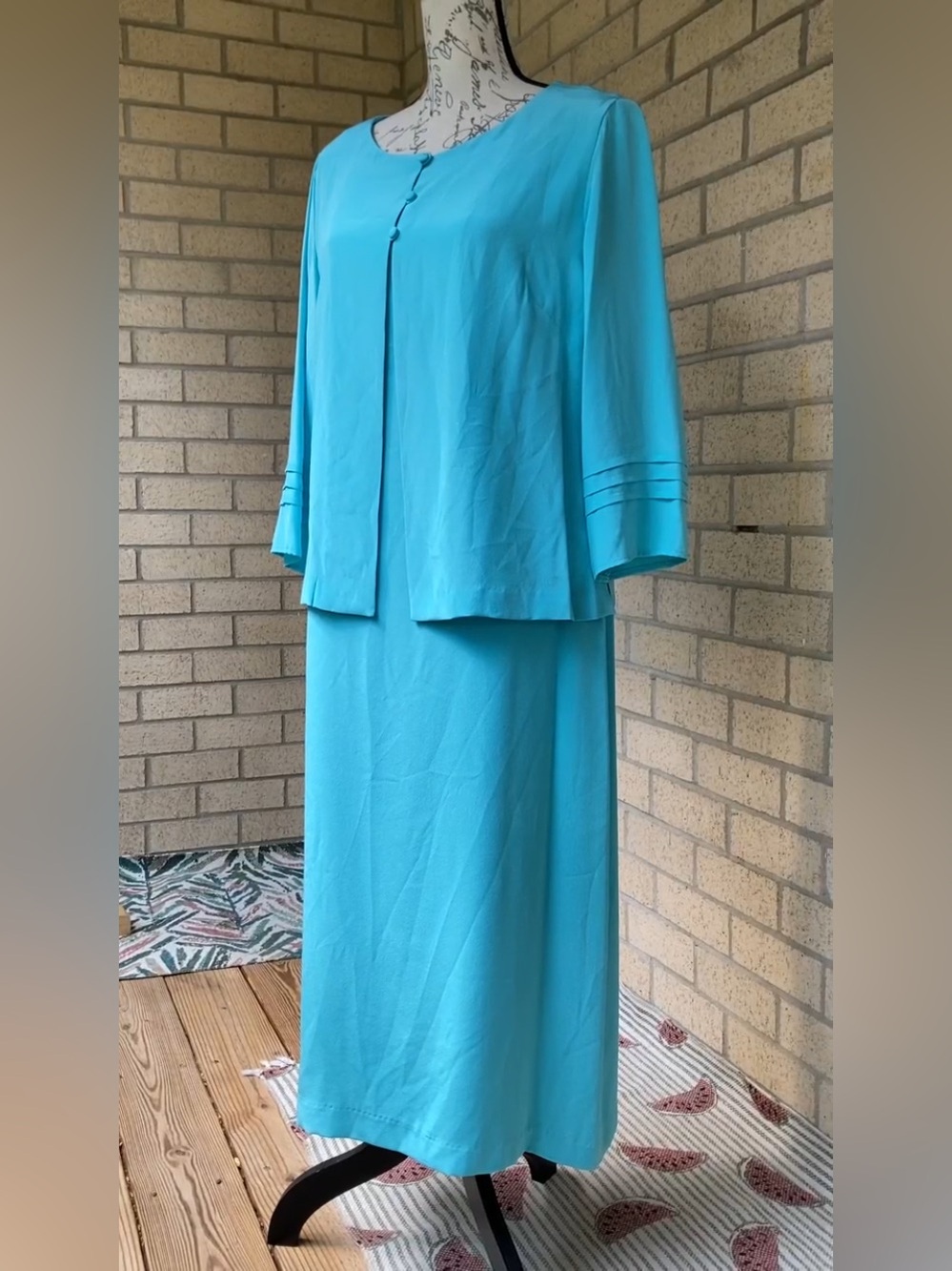 100% Silk Teal Aqua Blue Sleeveless Dress Lightweight Button Jacket 2 Piece Set